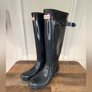 Hunter Gloss Black Tall Waterproof Rain Boots with Side Buckle